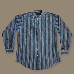 Vtg HUNT CLUB 1990s Blue Chambray Striped Band Collar Western Shirt